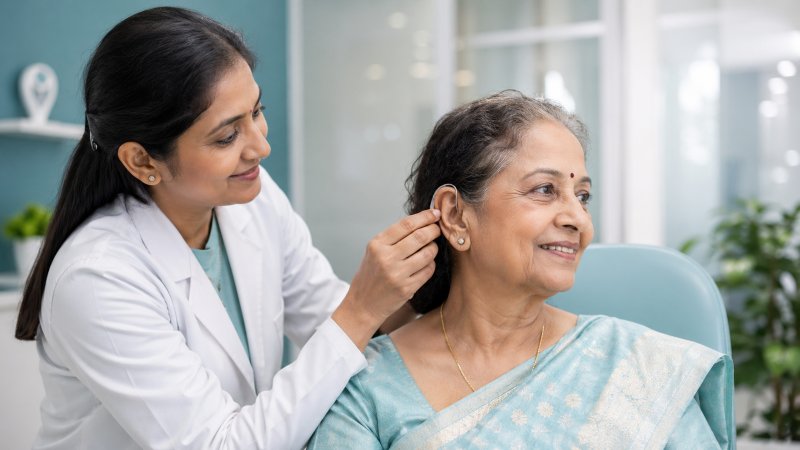 Audiologist fitting a hearing aid for a senior woman