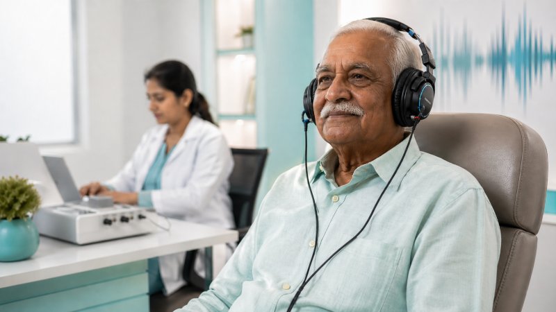 Senior man taking a free hearing test