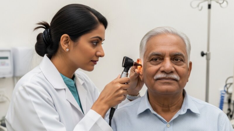 Audiologist examining senior patient's ear