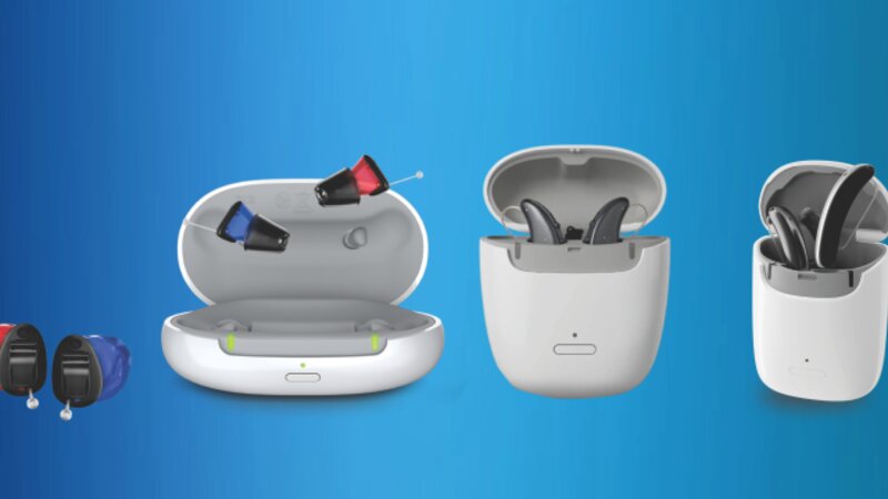 Modern Signia hearing aids with charging cases